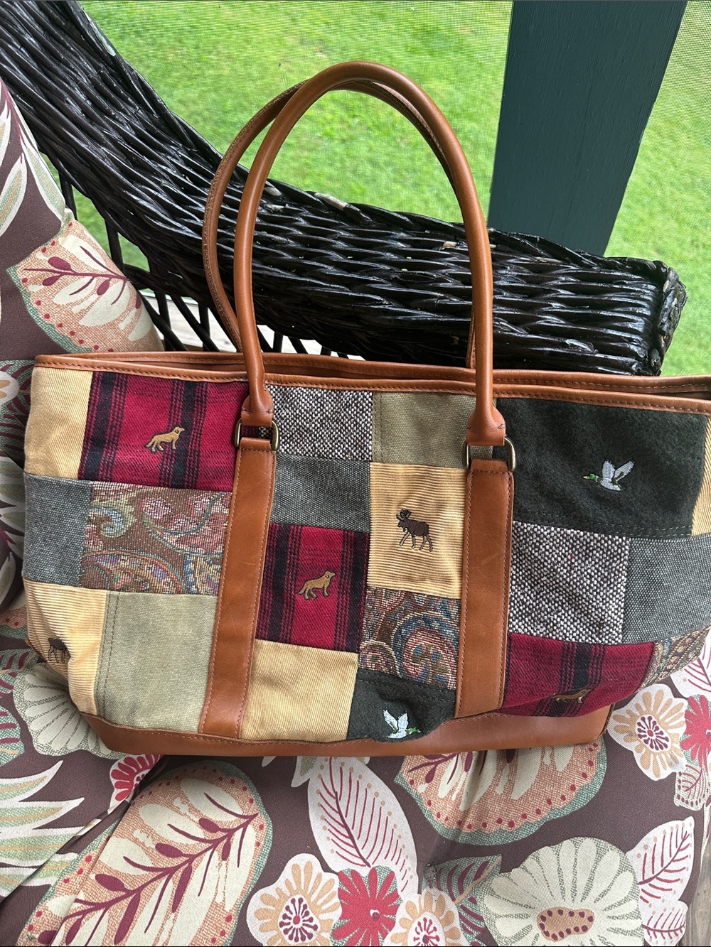 Vintage L L Bean Patchwork Leather-Trim Tote Bag in Multicolor - Picture 2 of 9